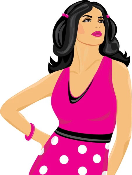 Beautiful brunette in a pink dress — Stock Vector