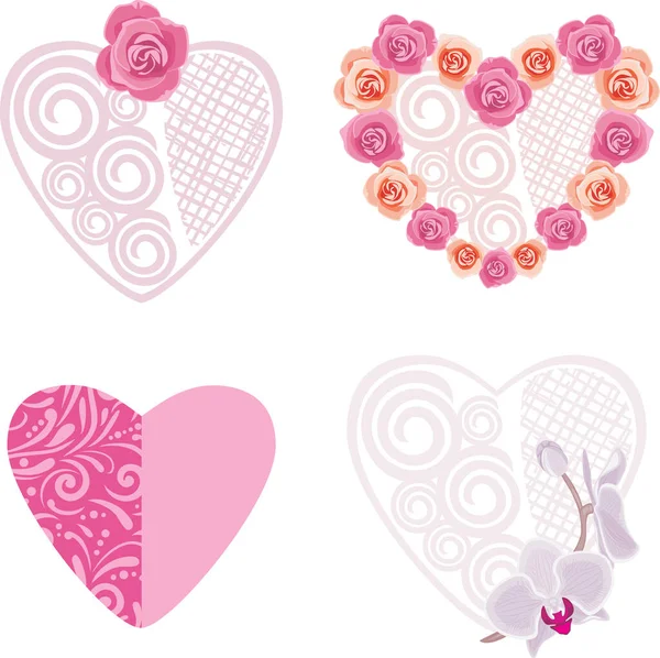 Quatre Cœurs Décoratifs Avec Des Roses Des Orchidées — Image vectorielle