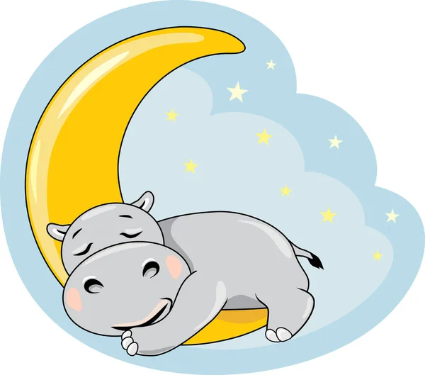 Mignon Hippopotame Endormi Sur Lune — Image vectorielle