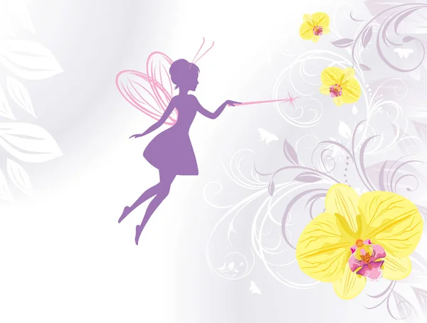 Silhouette Une Fée Sur Fond Floral Aux Orchidées — Image vectorielle