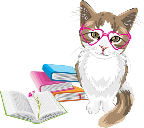 Chaton Drôle Intelligent Avec Des Livres — Image vectorielle