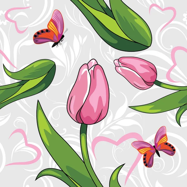 Seamless Vintage Pattern Witn Pink Tulips Bright Butterflies — Stock Vector