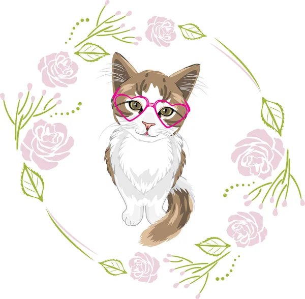 Cute Kitten Glasses Floral Frame — Stock Vector