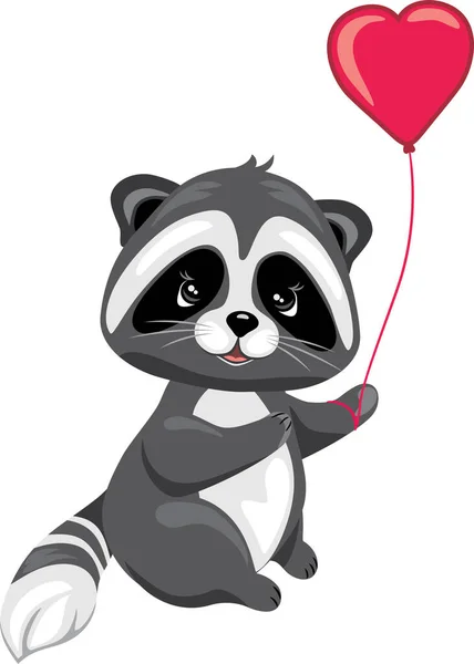 Cute Raccoon Holding Heart Shaped Balloon — Stock Vector