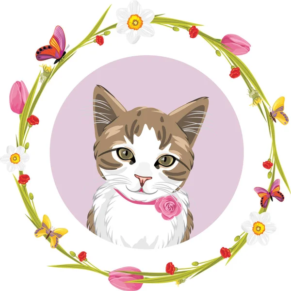 Portrait Cute Cat Floral Frame — Stock Vector