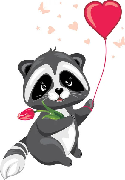 Cute Raccoon Holding Tulip Heart Shaped Balloon — Stock Vector