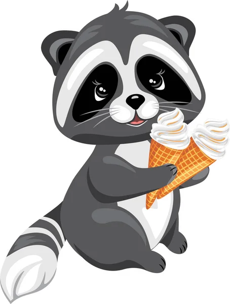 Cute Raccoon Holding Two Ice Creams — Stock Vector
