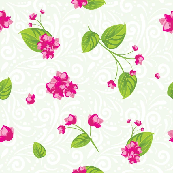 Seamless Light Green Pattern Blooming Pink Flowers — Stock Vector