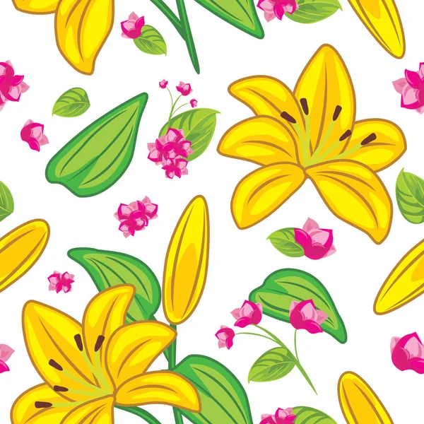 Seamless Pattern Yellow Lilies Pink Wildflowers — Stock Vector