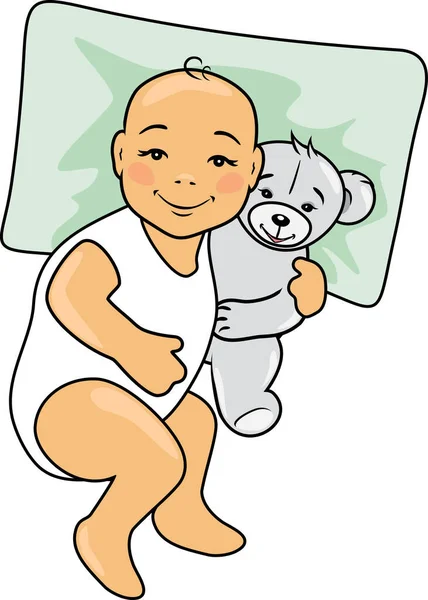 婴儿躺在枕头上抱着一只泰迪熊 — 图库矢量图片