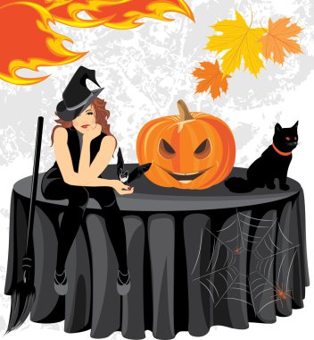 Halloween cadı yarasa, kedi, ve masada oturan kabak