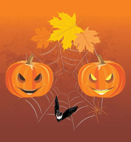 Halloween pumpkins, spiders and bat. Holiday composition — Stock Vector