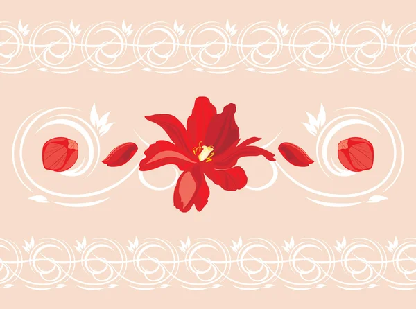 Nahtloser Zierrand mit roten Blüten und Blütenblättern — Stockvektor