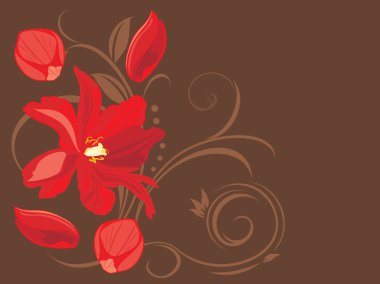 Kırmızı çiçek ve yaprakları dekoratif kahverengi zemin üzerine