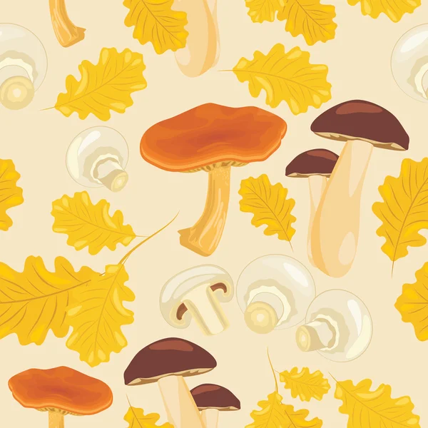 蘑菇和橡树叶。无缝背景 — 图库矢量图片