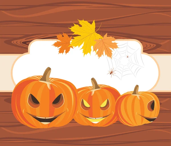 Halloween pumpkins and spiders on the wooden background with frame — Stock Vector