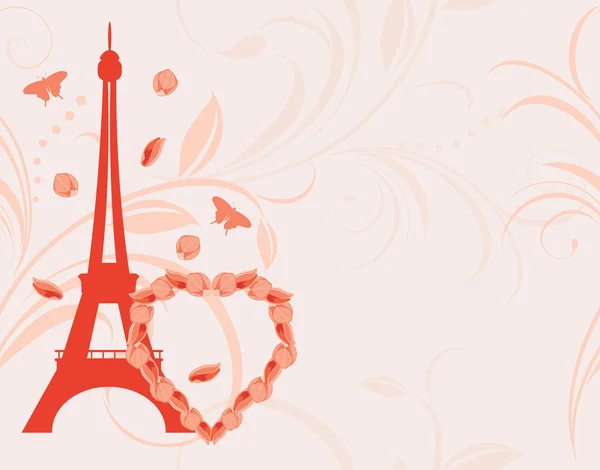 Fondo rosa ornamentale con cuore floreale e torre Eiffel — Vettoriale Stock