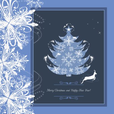 Tinsel ve kar taneleri ile çerçevede stilize Noel ağacı