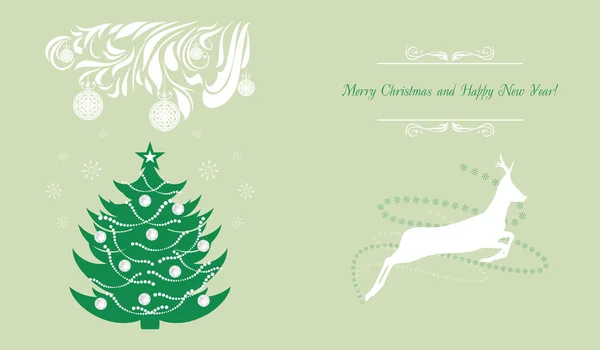 Árvore de Natal e veados. Fundo para cartão de saudação — Vetor de Stock