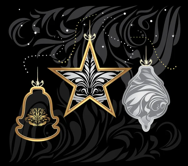 Stylized golden and silver Christmas toys on decorative black background — Stock Vector