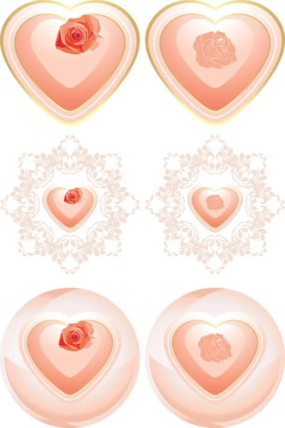 Esferas brillantes y corazones con rosa. Elementos decorativos para el día de San Valentín — Vector de stock