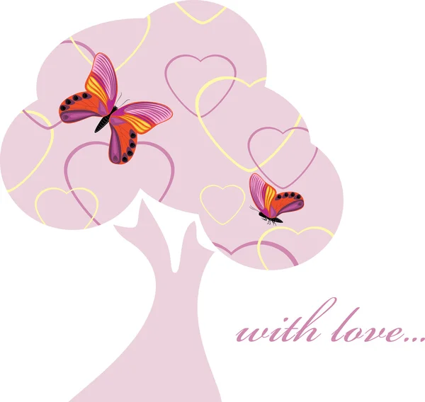 蝶と愛のツリー。バレンタインの日に装飾的な要素 — ストックベクタ