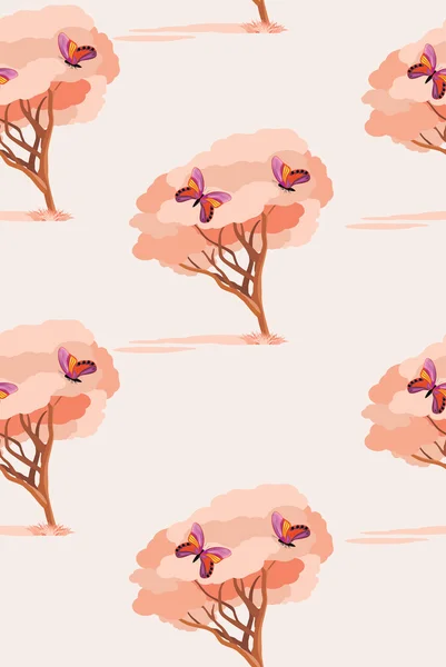 Liebesbaum mit Schmetterlingen. nahtloser Hintergrund — Stockvektor