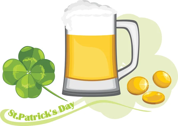 Beer mug, coins and clover leaf. Congratulation with St. Patrick's Day — Stock Vector