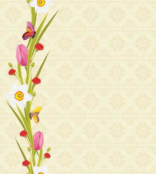 Lente bloemen en vlinders op de naadloze decoratieve achtergrond — Stockvector