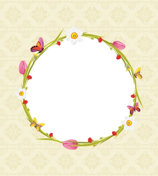 Ghirlanda decorativa con fiori primaverili e farfalle. Biglietto d'auguri — Vettoriale Stock