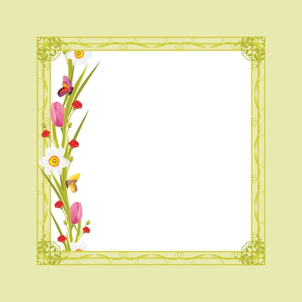 Decorative green frame with spring flowers and butterflies — ストックベクタ