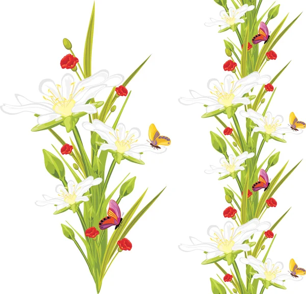 Primavera flores blancas y mariposas aisladas en el blanco — Vector de stock