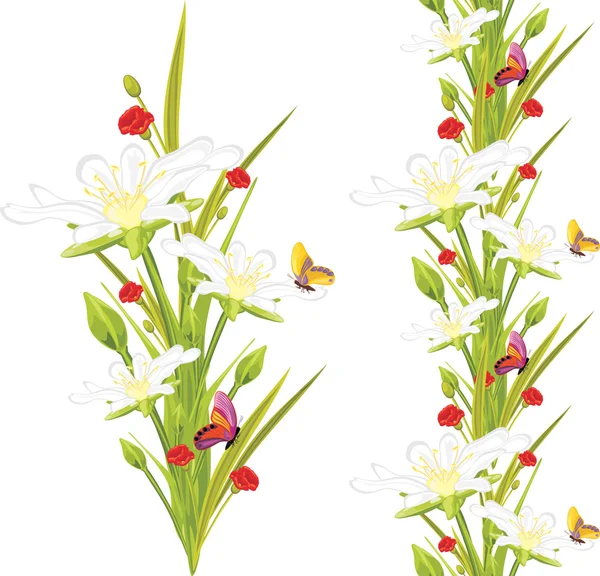 Spring white flowers and butterflies isolated on the white — Stockový vektor