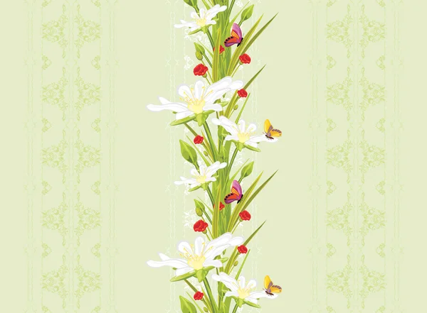 Decorative seamless background with spring flowers and butterflies — Stok Vektör