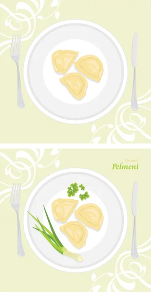 Pelméni aromatisé. Étiquettes pour la conception de menu — Image vectorielle