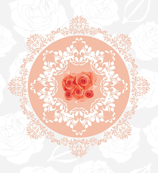 Ornamental circular element with roses on the seamless floral background — Stock Vector