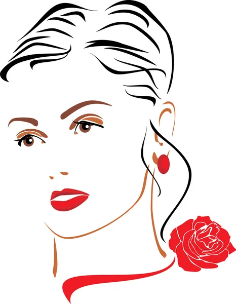 Porträt einer schönen Frau mit einer roten Rose am Hals — Stockvektor