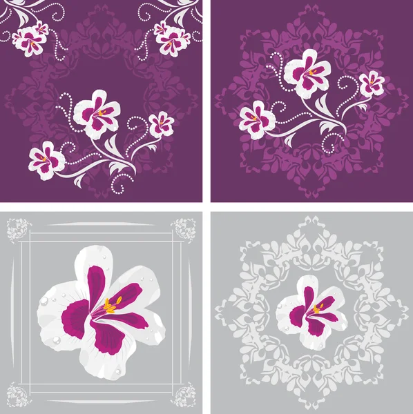 Cuatro elementos decorativos con flores de pelargonio estilizadas — Vector de stock