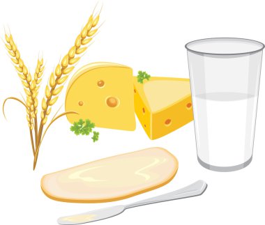 Glass of milk, a slice of white bread with butter and cheese for breakfast