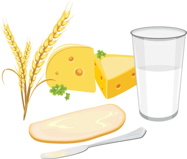 Glass of milk, a slice of white bread with butter and cheese for breakfast — Stockvector