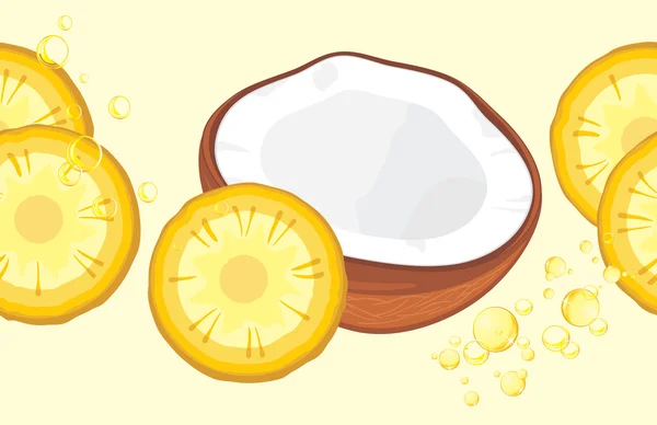 Pineapple slices and half coconut. Seamless border for design — Stock vektor