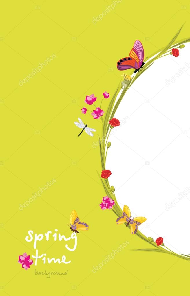 Floral wreath with butterflies and dragonflies. Spring time background