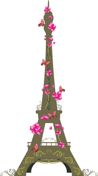 Torre Eiffel con fiori e farfalle isolate sul bianco — Vettoriale Stock