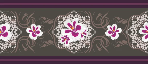 Бесшовная декоративная граница со стилизованными цветами пеларгония — стоковый вектор