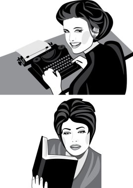 Kadın bir daktilo üzerinde çalışır ve bir kitap okur