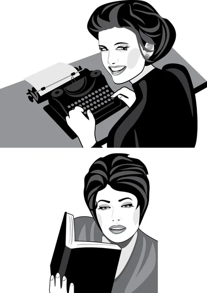 Woman works on a typewriter and reads a book — Stock Vector