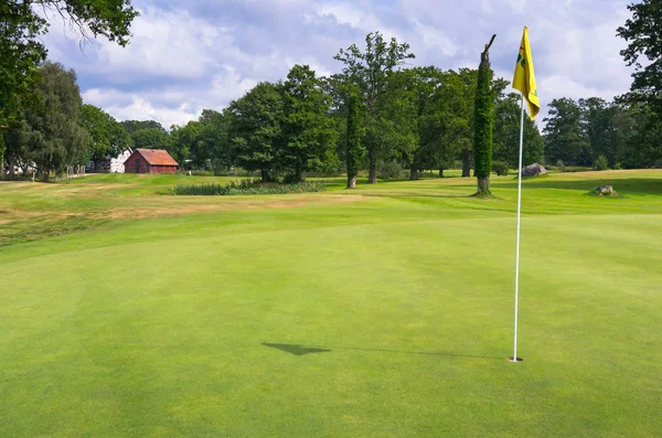 Campo verde com bandeira no campo de golfe sueco — Fotografia de Stock