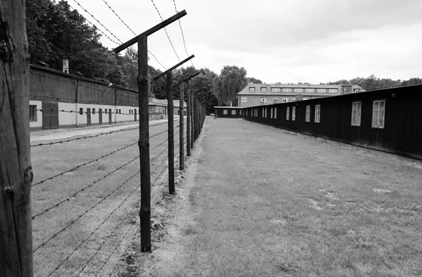 Cerca de arame farpado e quartéis no campo de concentração Stutthof — Fotografia de Stock