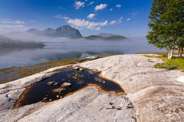 Norwegian sea fjord with morning fog — Stock Photo, Image