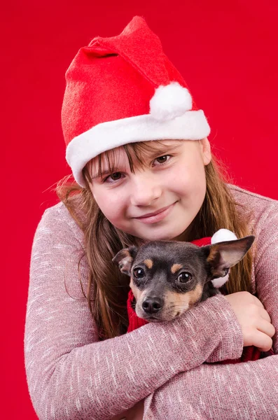 Девочка с собакой на рождественском портрете — стоковое фото